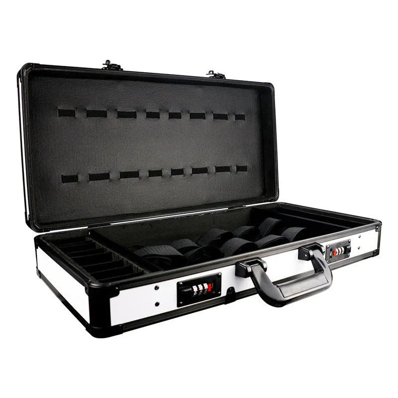 Black PVC storage case for hairdressing tools and salon cosmetics, showing its size and hard-shell construction.