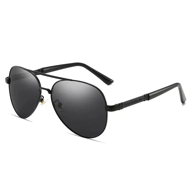 Men's gold metal frame sunglasses with dragon decoration and dark grey polarised lenses