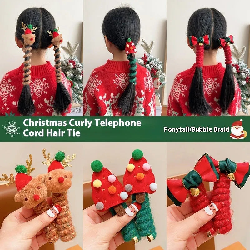 Children Christmas hair ties with red bell, green tree, khaki elk, and red tree designs on a light background