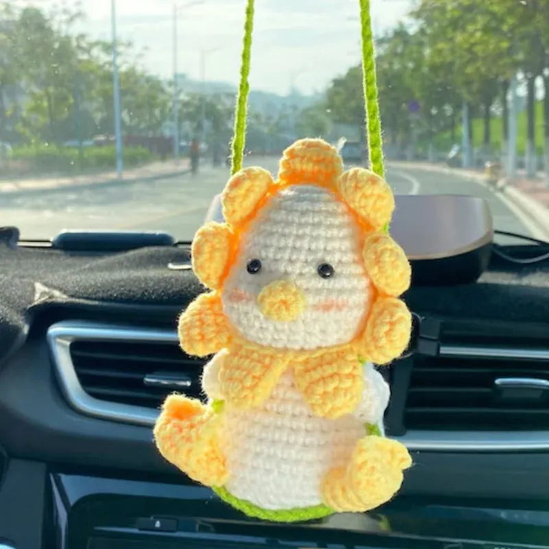 Green and white knitted car plant ornament with 8cm basin base and hanging rope for vehicle interiors