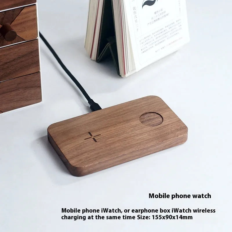 Walnut flat dual wireless charger for phone and earphone or Apple Watch with 15W fast charging and foreign object detection