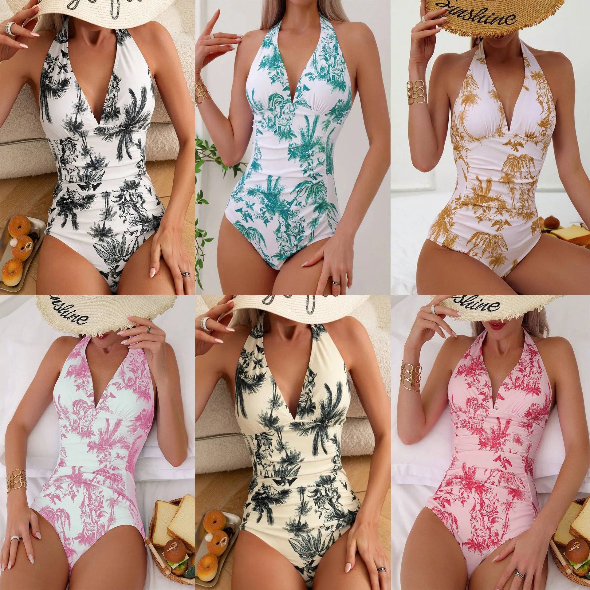 Women's printed V-neck one-piece swimsuit in apricot colour on a mannequin