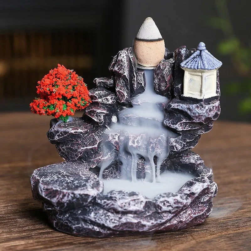 Ceramic backflow incense burner with detailed tree design in green, mangrove, pink, or white colour options