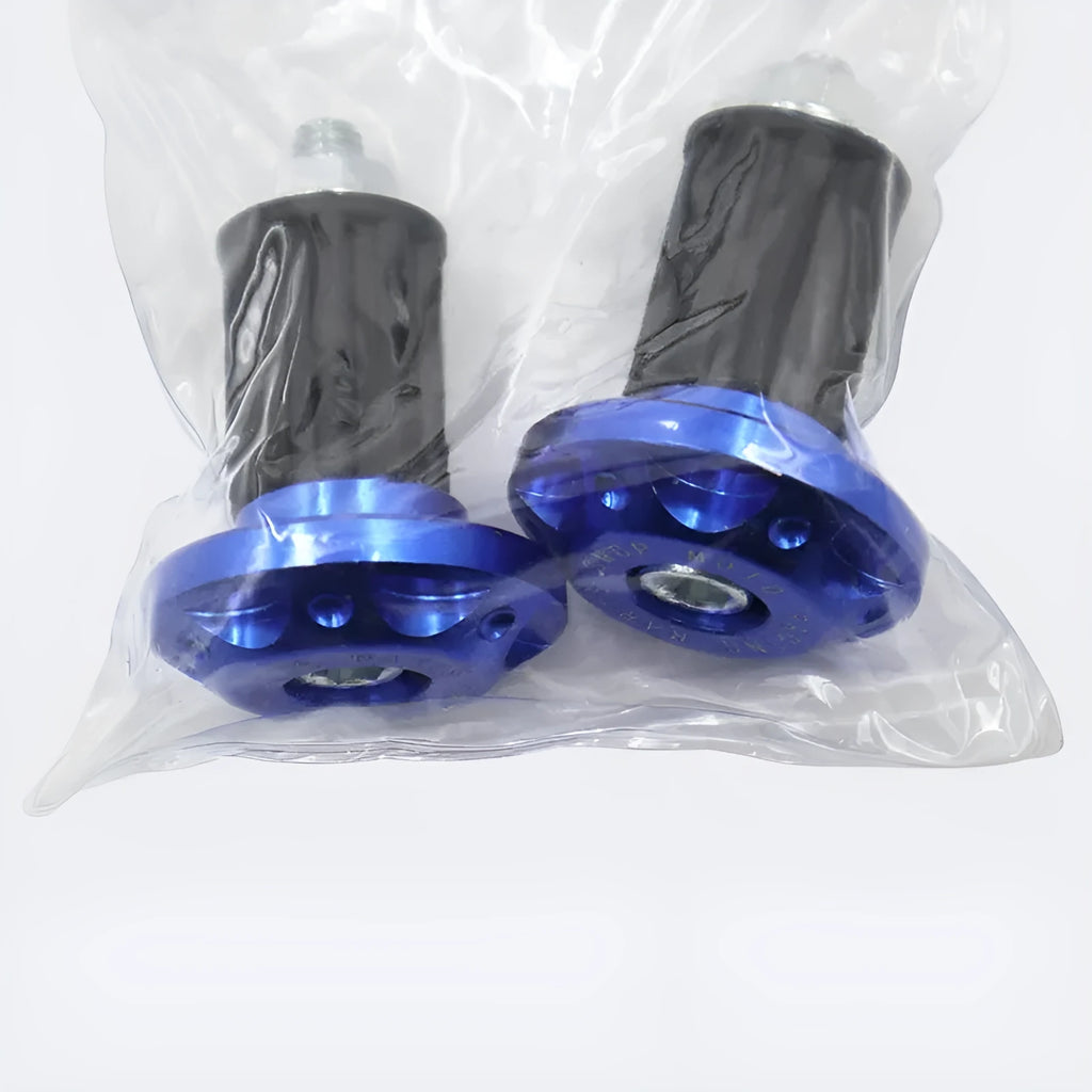 Set of metal motorcycle handlebar end plugs in six anodised colours: black, blue, red, gold, silver, orange