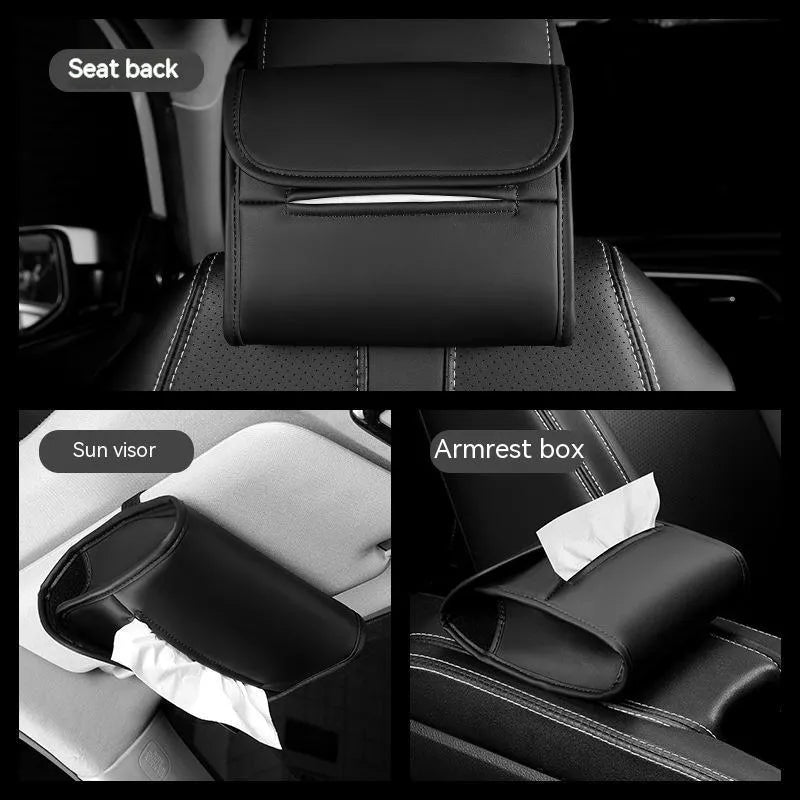 Leather car tissue box mounted on car sun visor with elastic band in Athens Brown colour