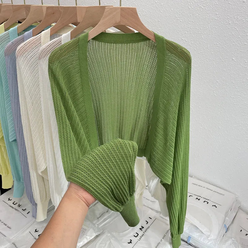 Hollow thin loose lantern sleeve sun protective blouse in polyester linen blend, available in multiple colours