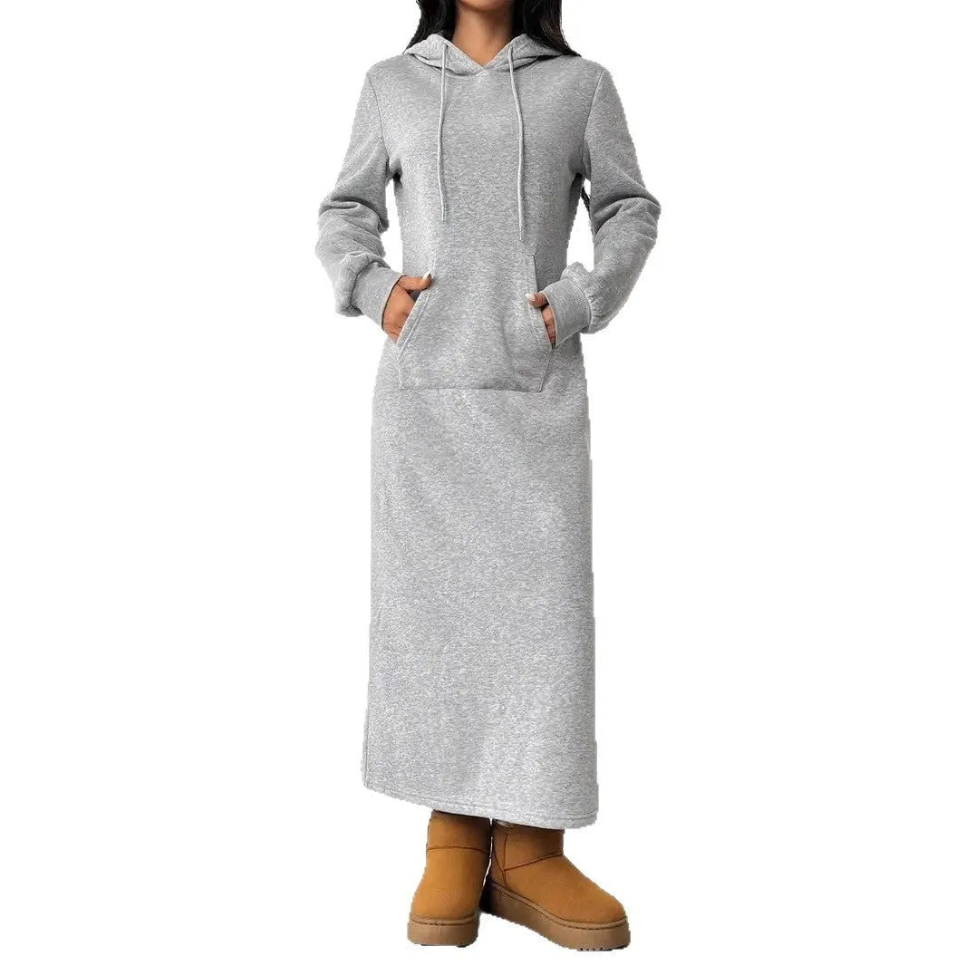 Women's casual long sleeve hoodie dress with drawstring waist and side pockets in solid colour