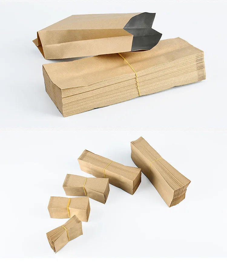 Yellow thickened kraft paper inner packaging bag with aluminium foil lining for snacks.
