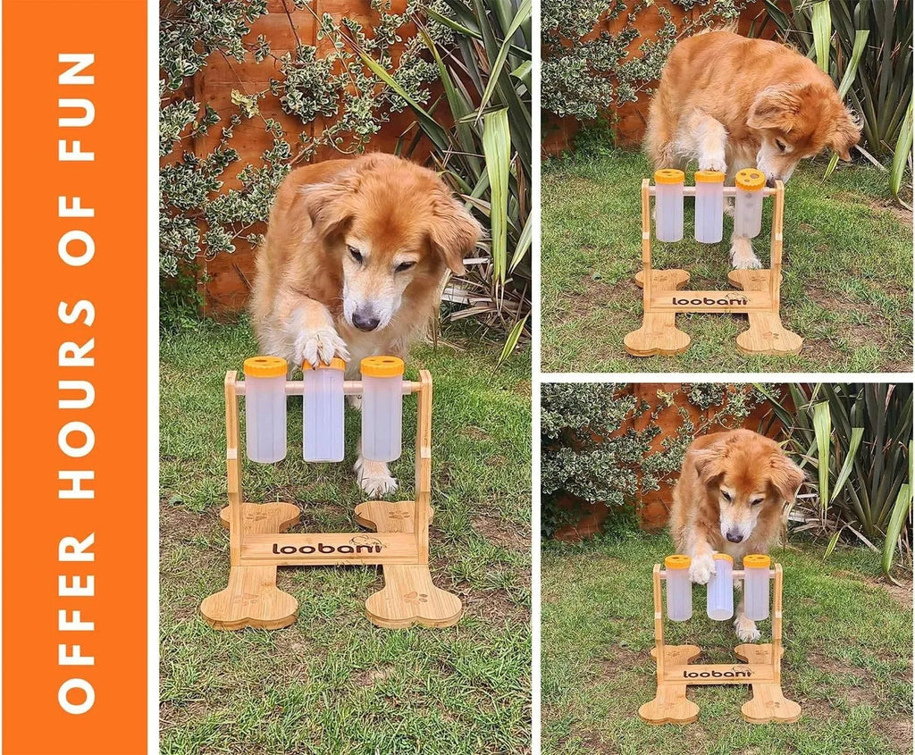 Wooden interactive dog puzzle feeder snack dispenser toy in natural wood colour