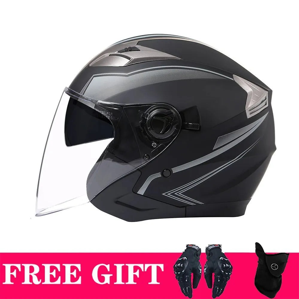 Retro motorcycle helmet with double lens in matte black ABS shell