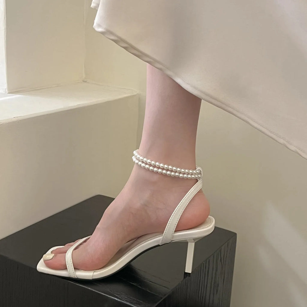 Mermaid Pearl Grace women's stiletto heel sandals in black, silver, or white with square toe and ankle-strap buckle