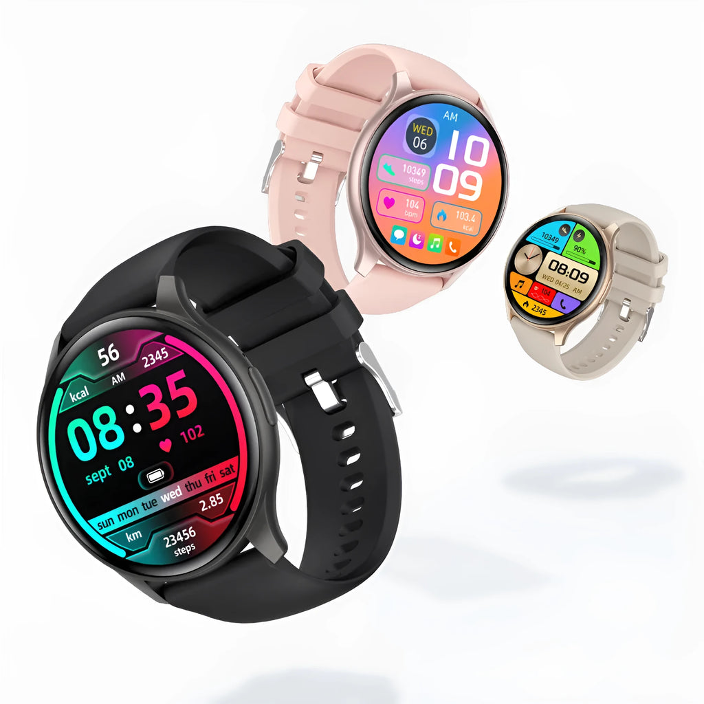 ZW60 smart watch with round AMOLED screen showing health data on wrist, available in multiple colours