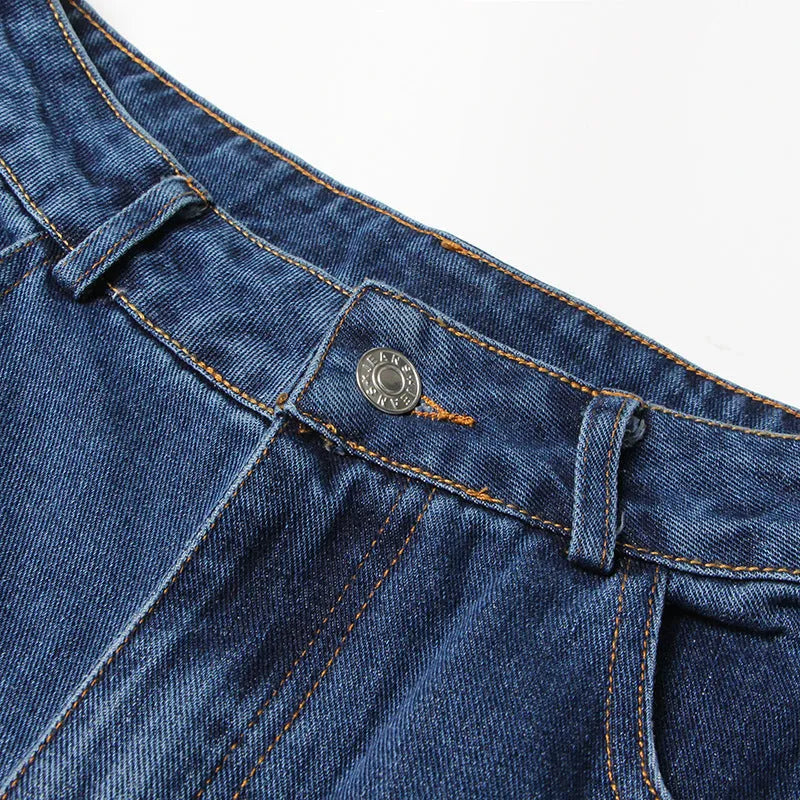 Women's blue baggy wide leg cotton denim jeans with multi-pockets, European style