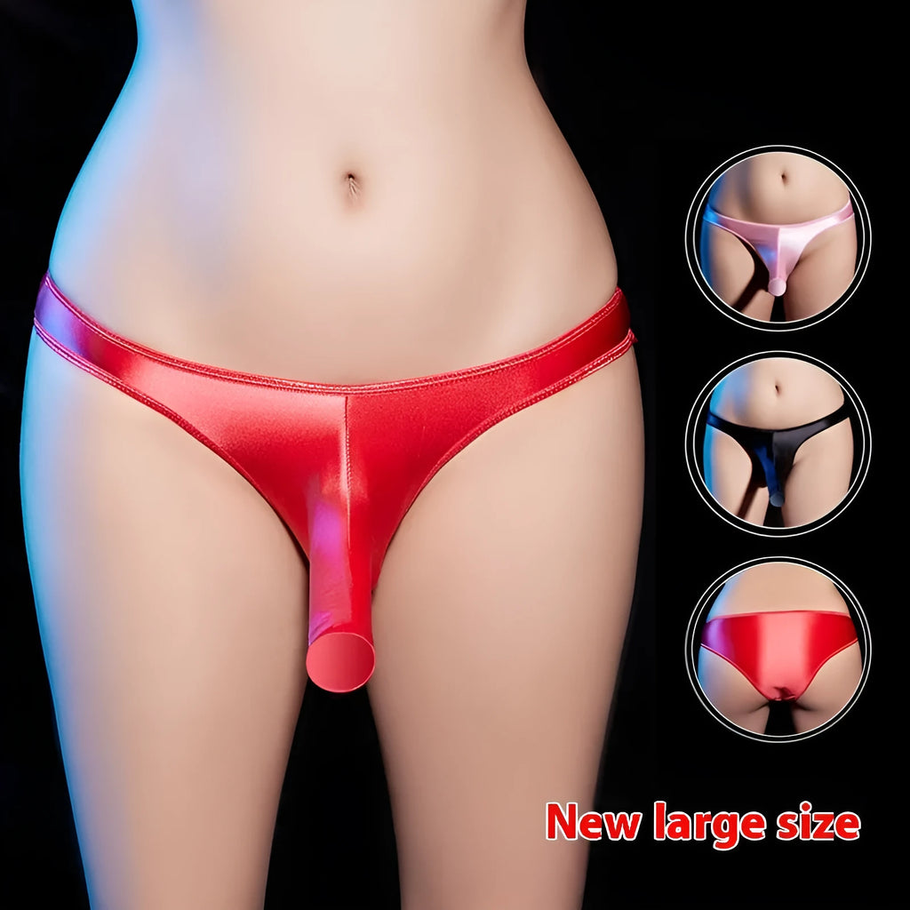 Men's low waist shiny nylon briefs with a T-back strap design, shown in black colour.