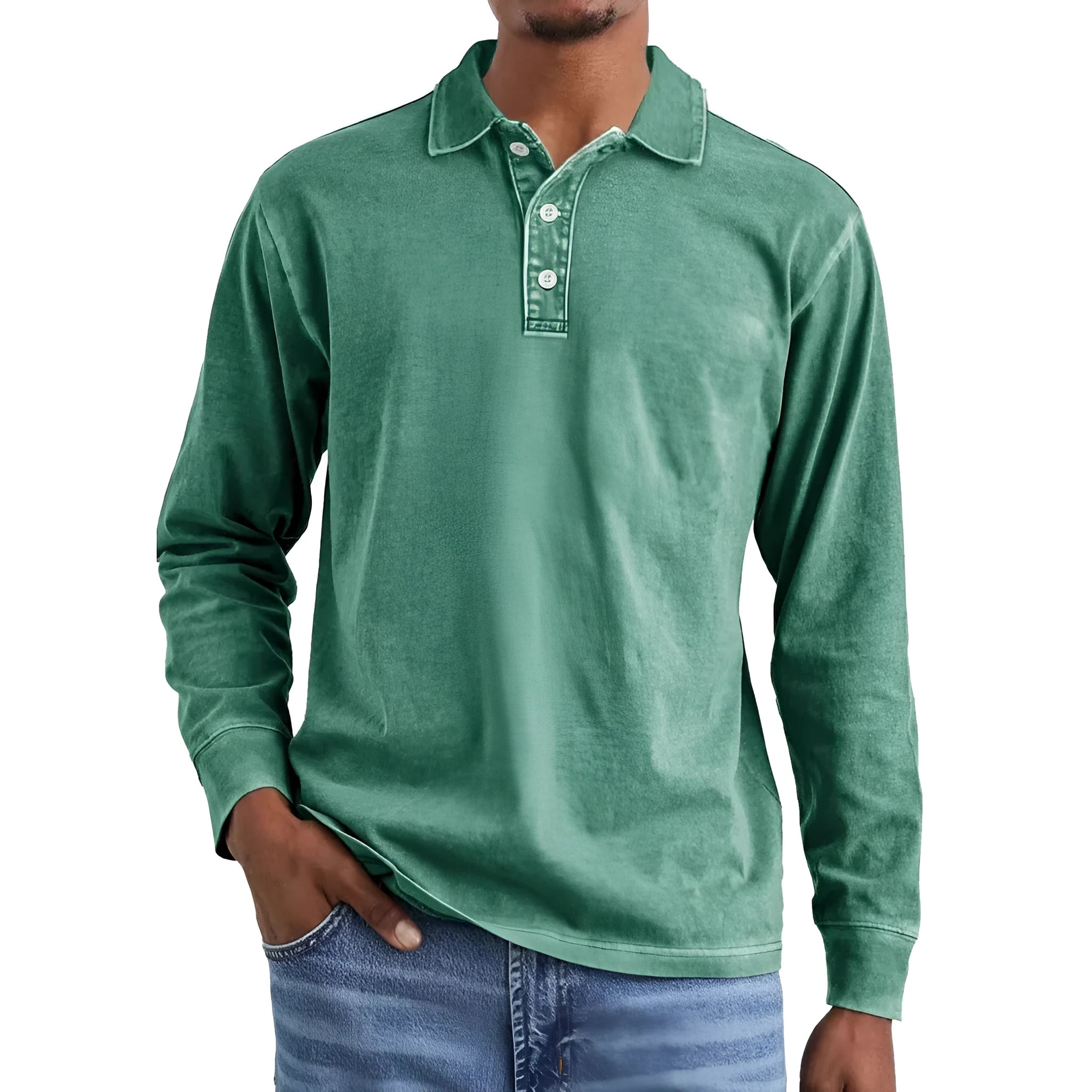 Retro washed distressed pure cotton long sleeve polo shirt with lapel collar in multiple colours.