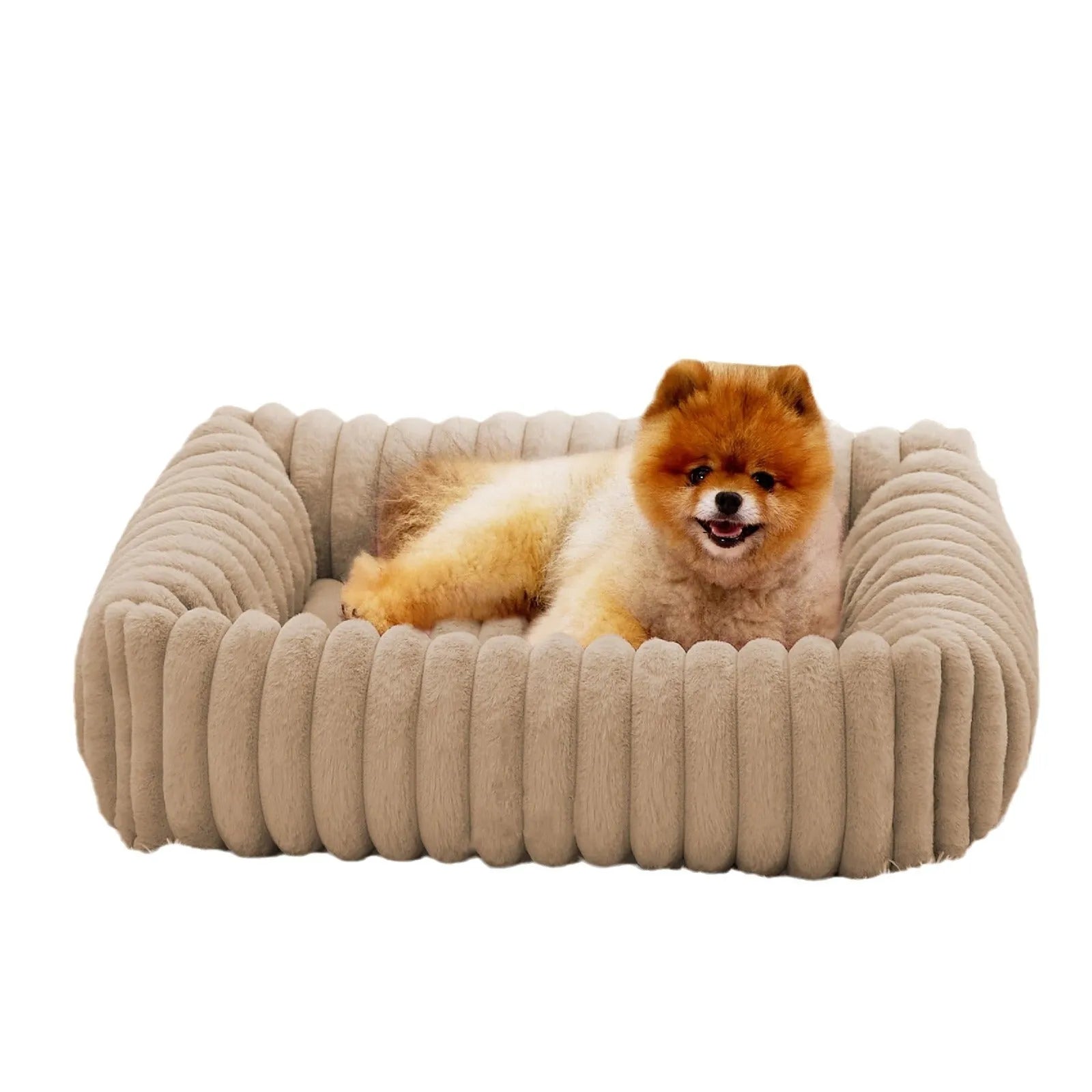 Raised-edge pet dog cat bed cushion in beige, shown in a large size with high sides.