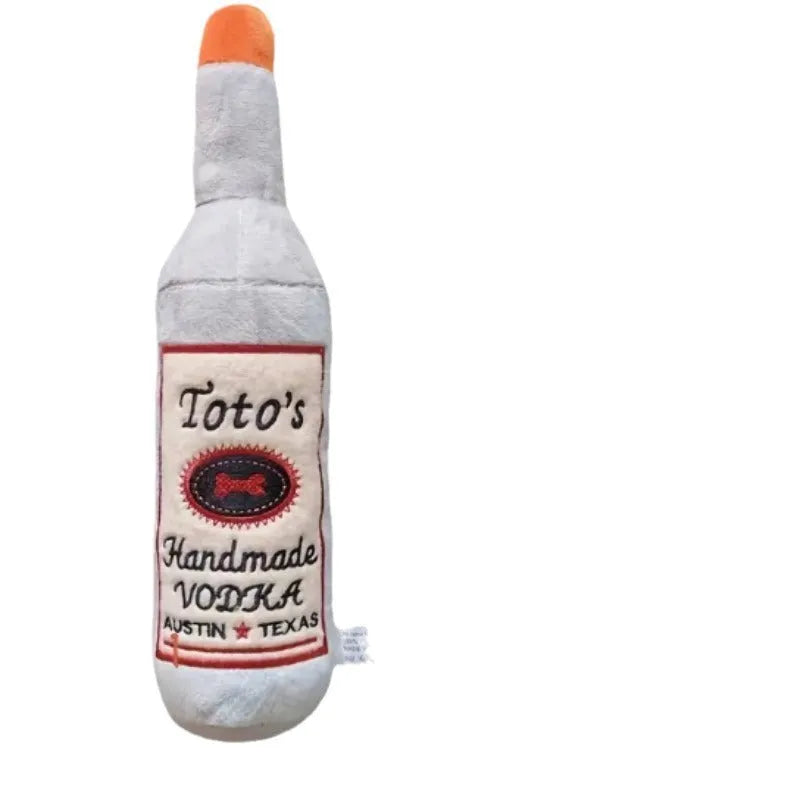 Brown wine bottle shaped plush dog chew toy for dental care and interactive play
