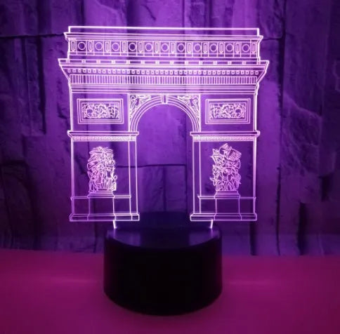 Triumphal Arch 3D night light with seven-colour LED illuminated in white against a dark background
