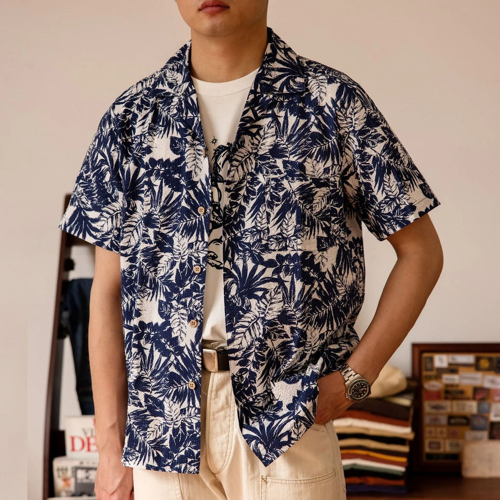 Vintage floral print seersucker Cuban collar shirt in loose cardigan fit
