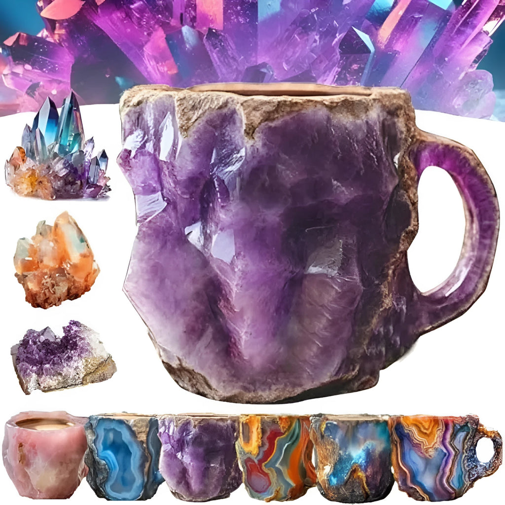 A purple resin coffee mug with a handle, showing a crystal-like structure, on a table.