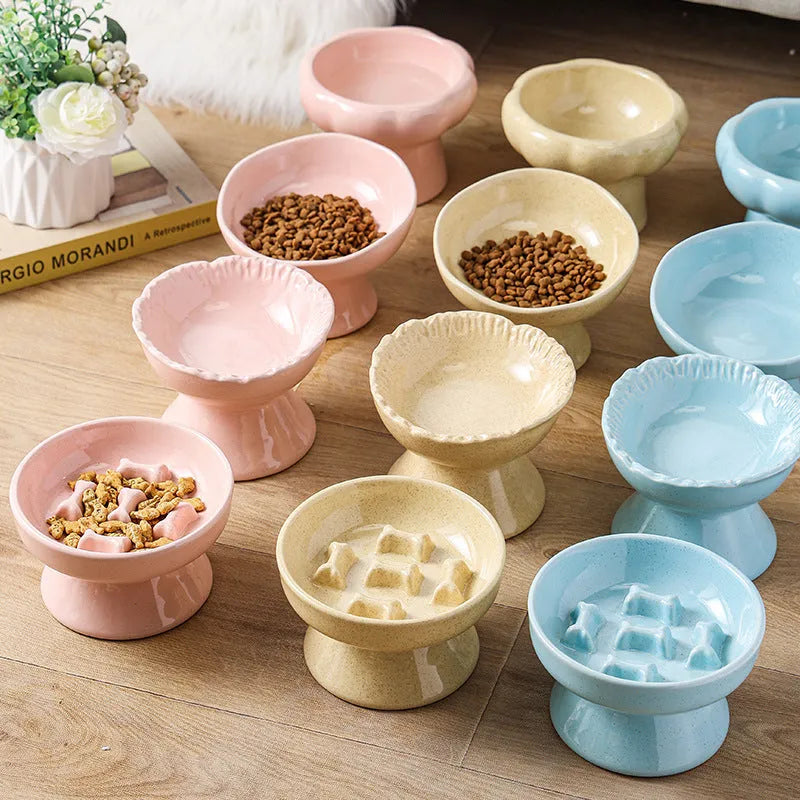 Anti-tumble large diameter ceramic pet bowl for cats, pink style, wide base design