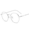 Irregular geometric anti-blue light glasses with metal alloy frame splicing, white flat lenses, and unisex full-frame design in black, gold, or silver.