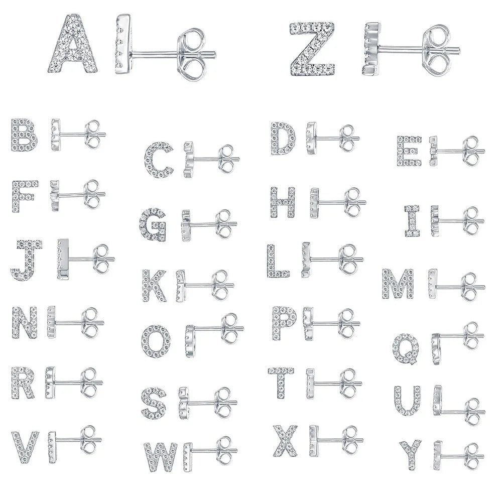 Gold plated alphabet letter earrings showing brass construction with zircon detail on English letters