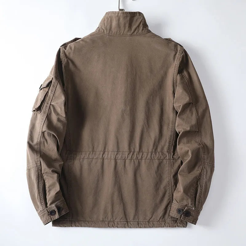 Men's loose fit cotton jacket in light brown colour with zip front closure