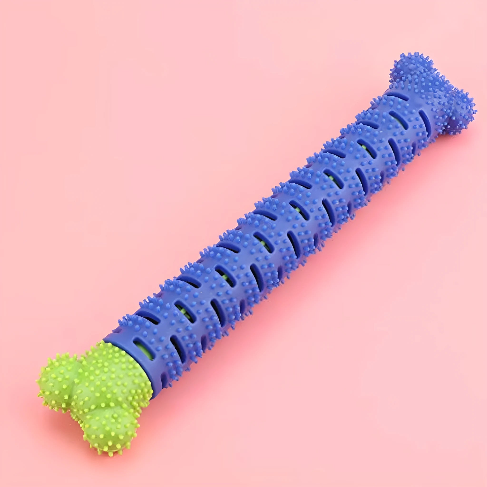 Blue green silicone dog dental cleaning stick chew toy with brush head texture, measuring 25 cm.