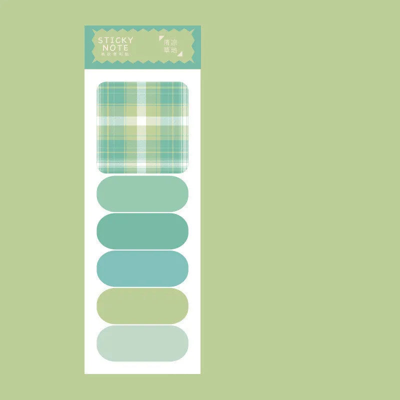 Colourful plaid memo pad sticky notes pack with six designs, 120 sheets total, each sheet 67mm by 200mm.