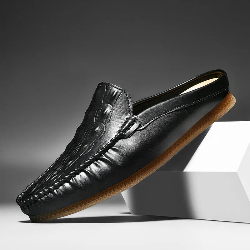 Men's black summer leisure semi-slippers with breathable design, artificial PU upper, and rubber sole.