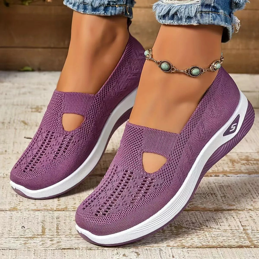 Women's casual mesh shoes with a T-strap and soft PVC sole in multiple colours.