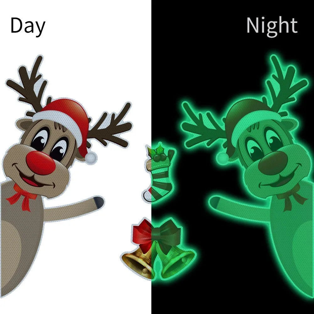Set of magnetic Christmas stickers with a luminous reflective cartoon elk bell design on a synthetic resin background.