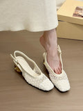 Women's square toe slingback sandals with woven front in apricot colour