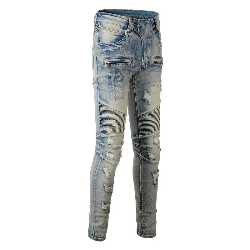 Light blue men's slim fit distressed jeans with hand-frayed details and an elastic waist.
