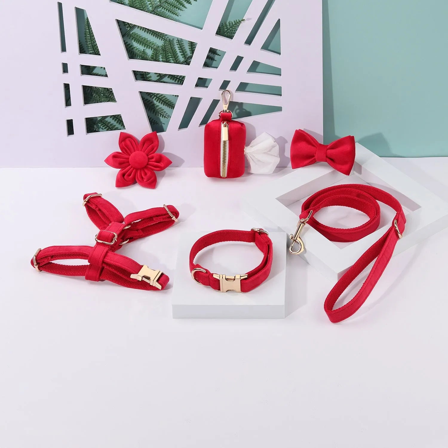 Classic velvet soft dog collar and leash harness set with bow tie, flower, and toilet bag accessories in multiple colours.