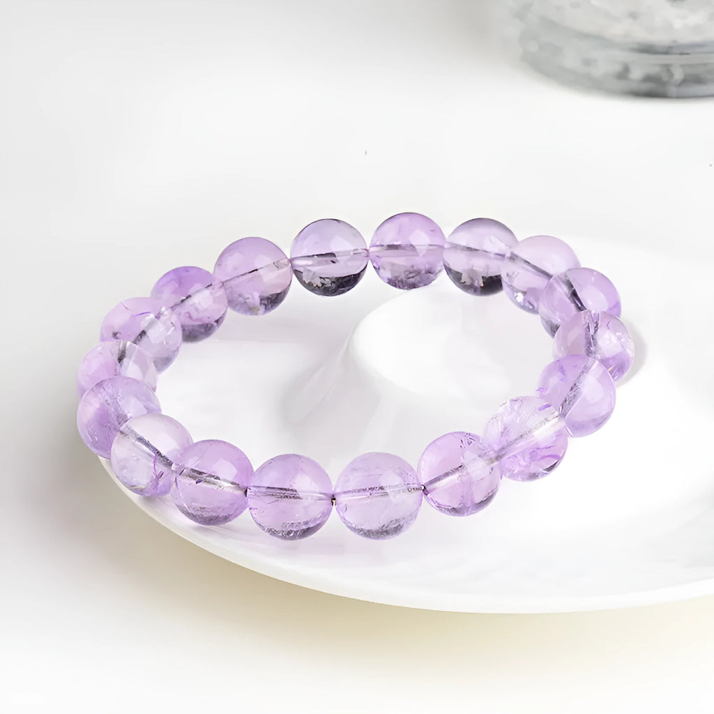 Lavender amethyst crystal bracelet with water ripple geometric design on round beads in multiple size options