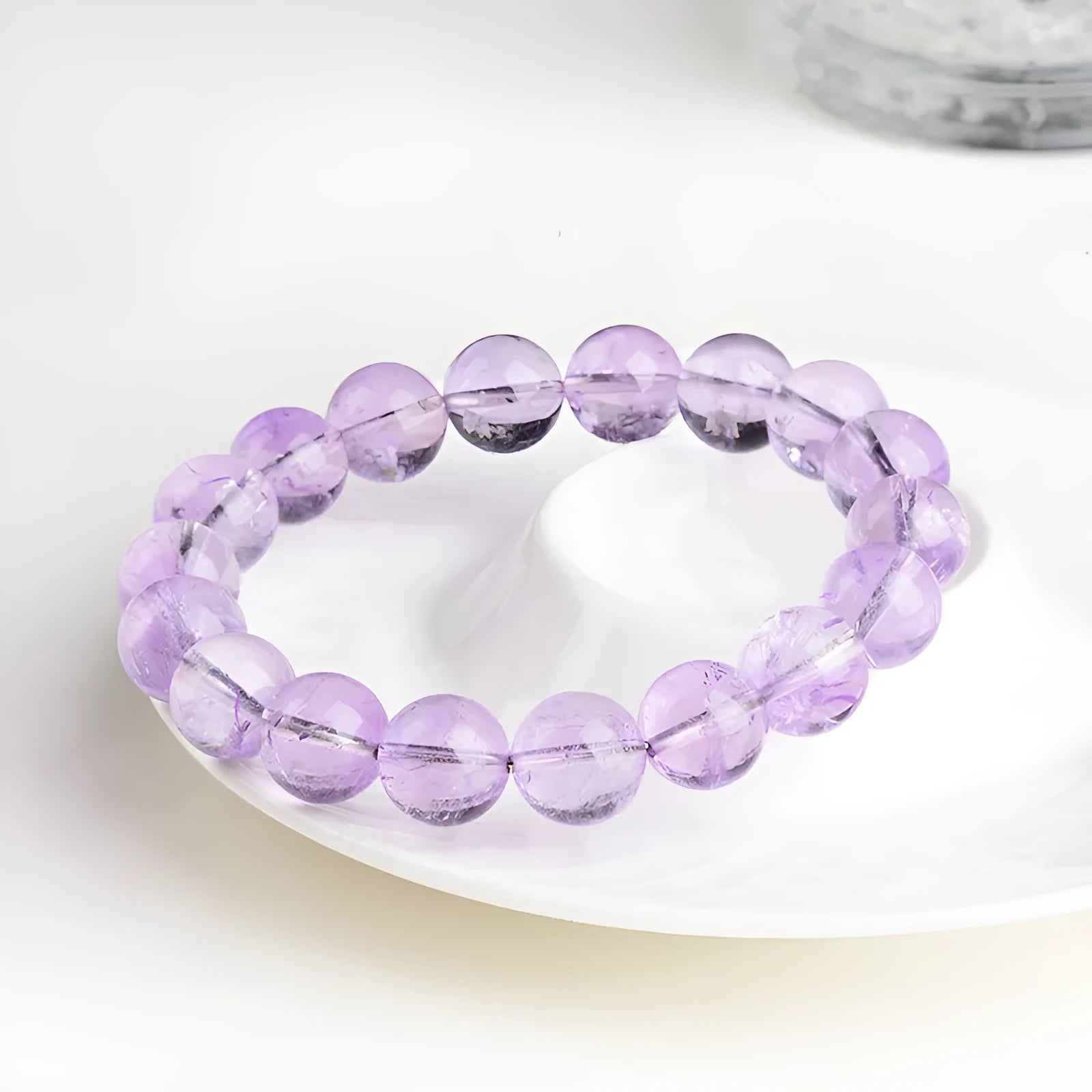Lavender amethyst crystal bracelet with water ripple geometric design on round beads in multiple size options