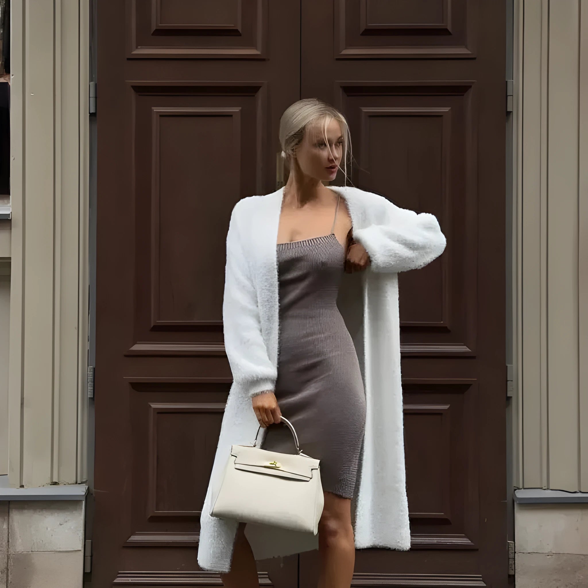 White longline knitted cardigan jacket for women, shown loose-fit with long sleeves.