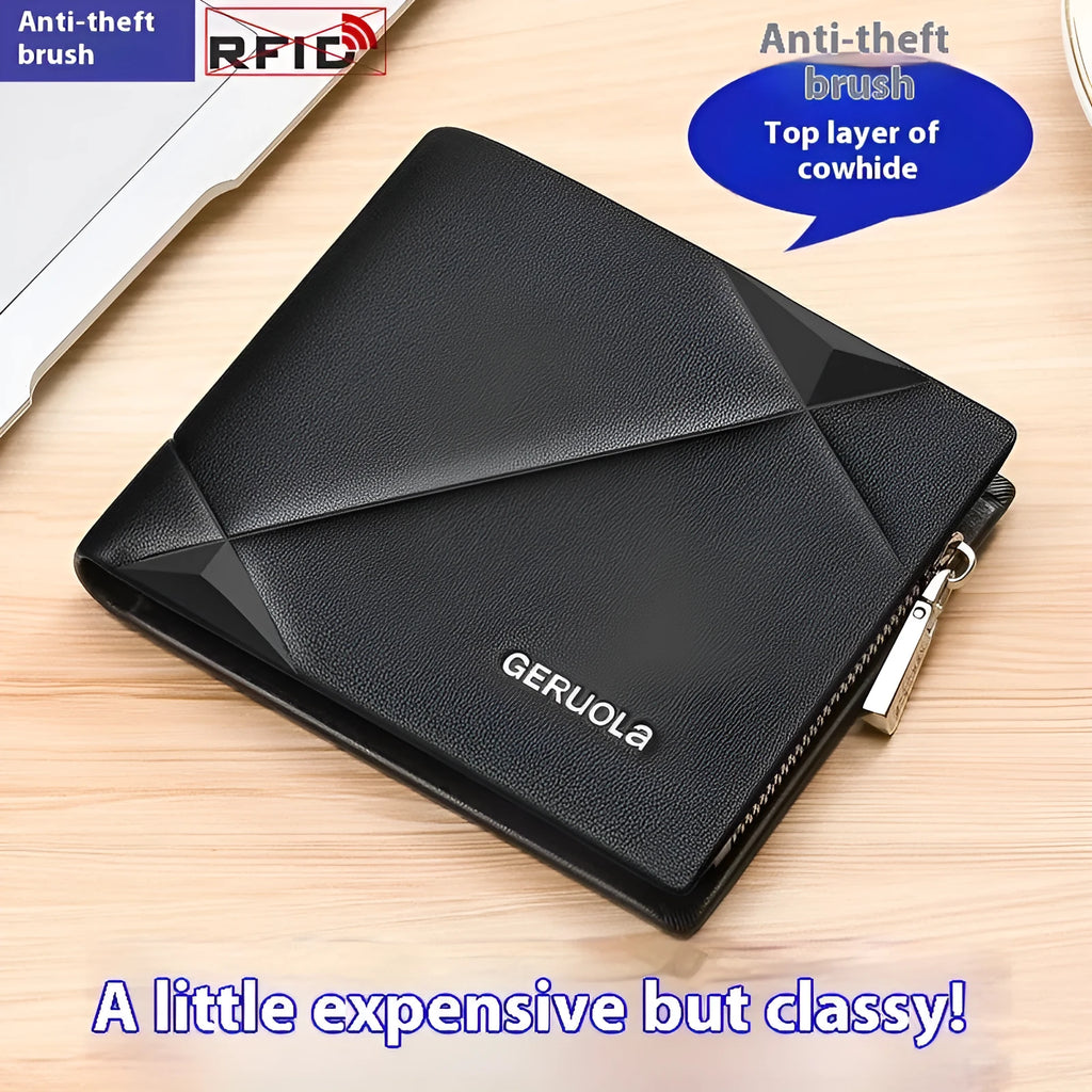 Men's short leather wallet with zipper closure showing rhombus pattern in brown colour