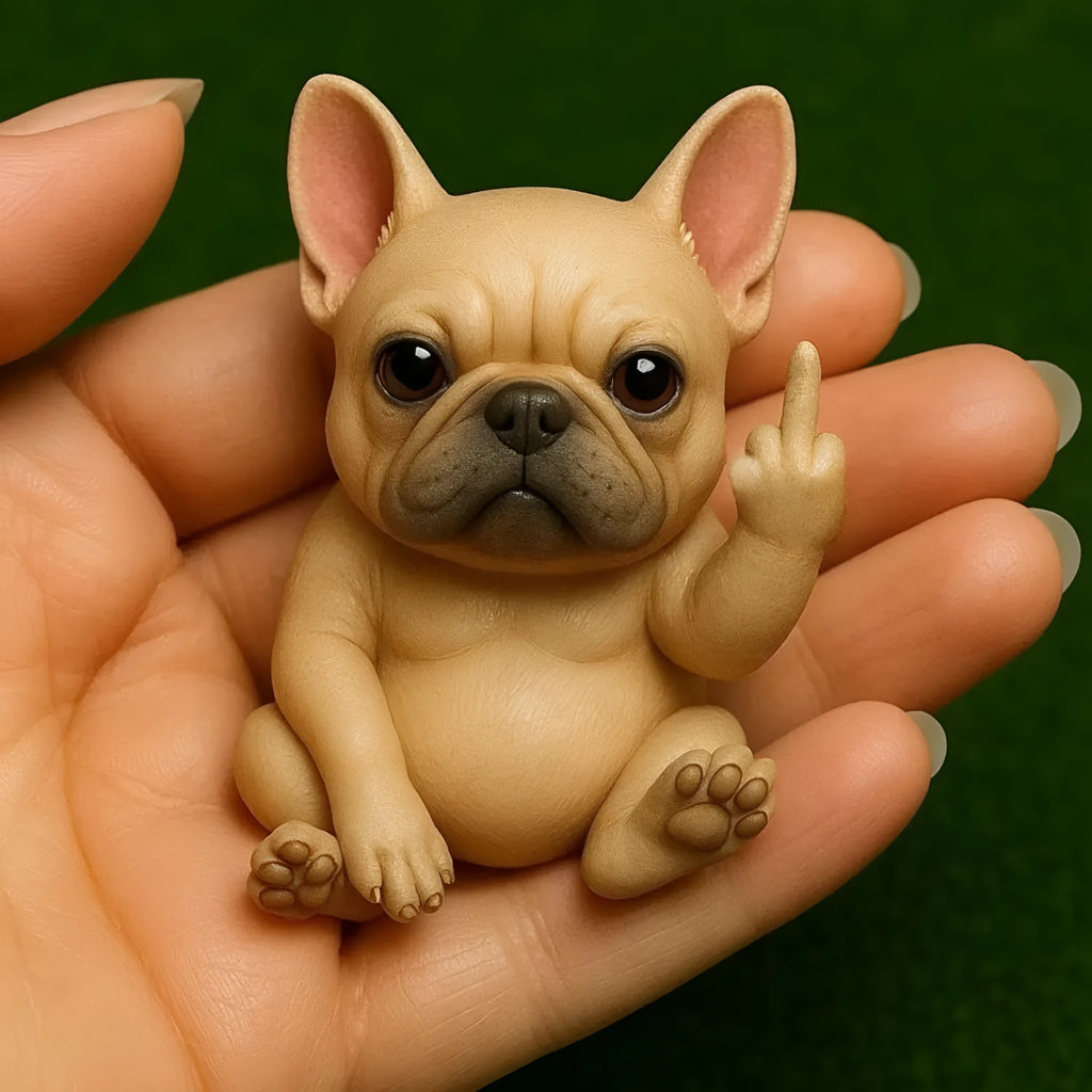 Mini resin animal middle finger doll ornament showing cat, dog, elephant, frog, Highland cattle, mouse, and turtle options
