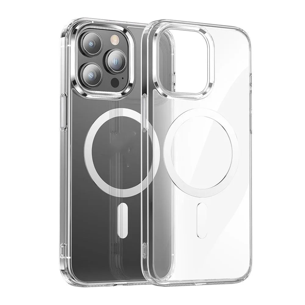 Transparent two-in-one magnetic phone case with shockproof protection for iPhone models, showing back and side view.