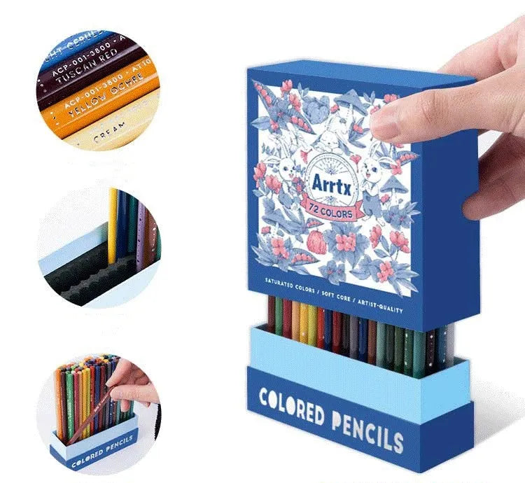Boxed set of 72 assorted coloured pencils for drawing and art, showing basswood barrels and AP certification.