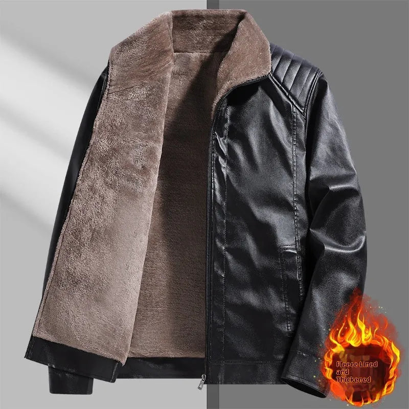 Fleece-lined thickened PU leather men's jacket in black, available in sizes M to 3XL