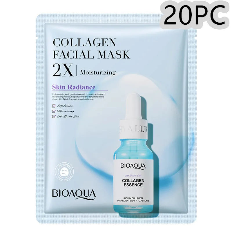 Single 30g collagen and hyaluronic acid facial sheet mask on packaging, with Centella, Vitamin C, Collagen variant options.