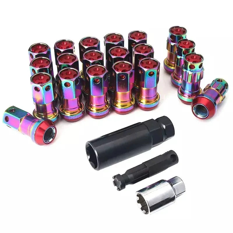Set of aluminium alloy wheel hub nuts in multiple colour options including black, red, gold, blue, and purple finishes
