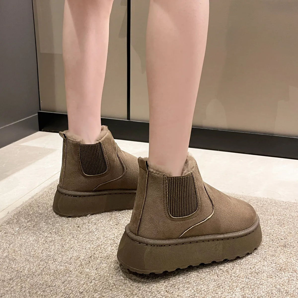 Women's plush snow boots in milky white with flat heel, round toe, faux PU upper, and short plush lining