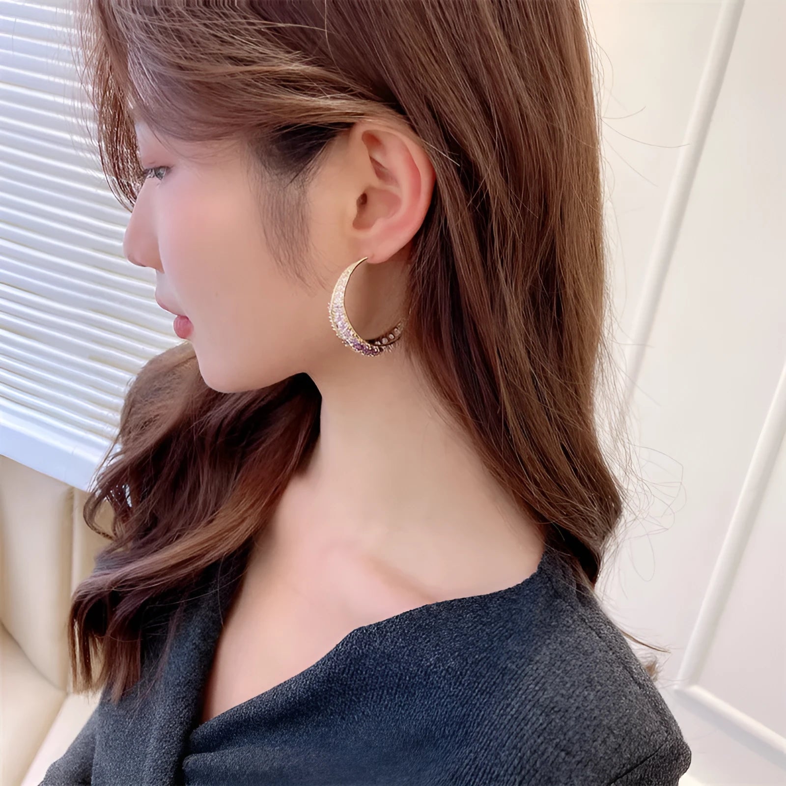 Geometric women's copper hoop earrings with zirconium accents in five colour options