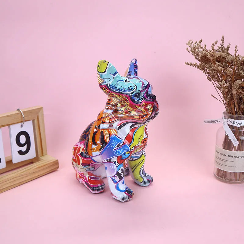 Modern French Bulldog resin statue with graffiti finish, measuring 17x11.5x22cm