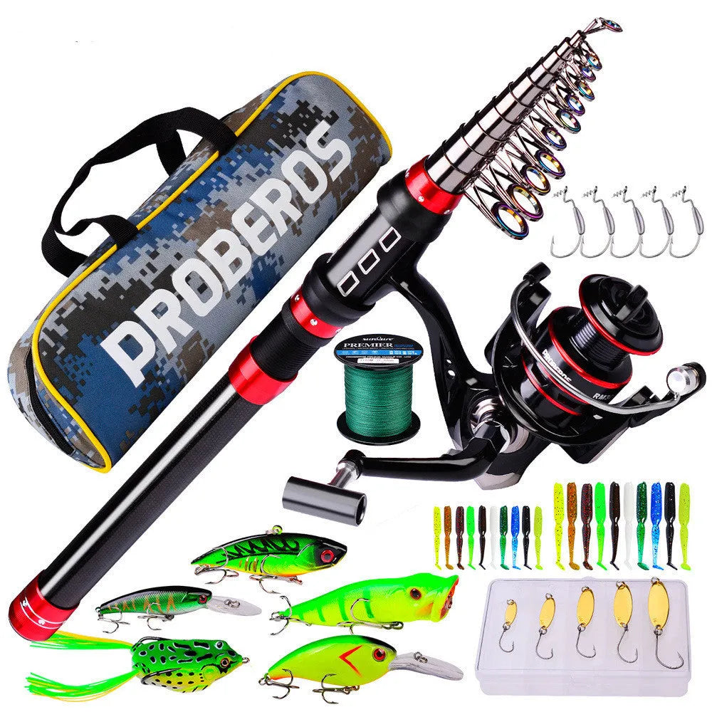 Long cast fishing rod and reel combination set with PE line, soft baits, hard lures and storage bag